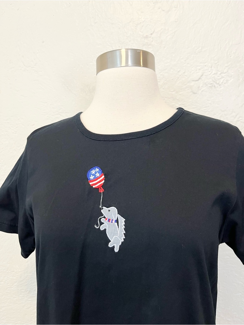 Vintage Michael Simon Lite T-Shirt Top Black Dog Balloon USA Flag Large M/L